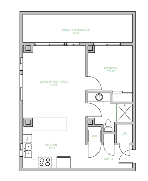 Floor plan for 1 bed, 1 bath, 707 sqft